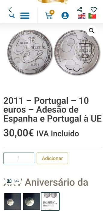 Conjunto de 3moedas comemorativas no valor de 28€ (10+10+8)