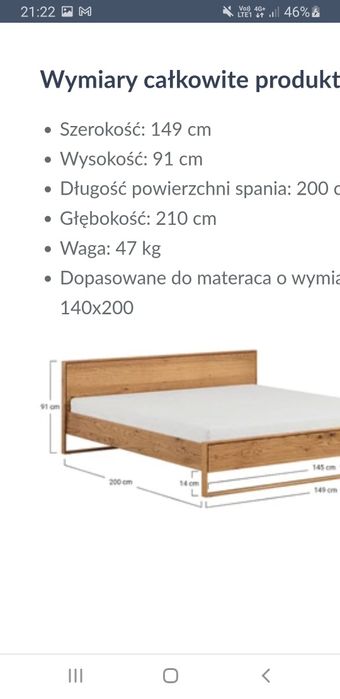 Łóżko dębowe firmy Zych Meble model Adria ze stelażem materac 140cmx20