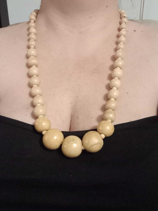 Brązowy, beżowy drewniany naszyjnik, korale, ozdoba na szyję, vintage