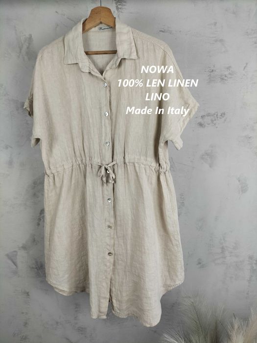 Nowa beżowa fango sukienka midi szmizjerka oversize lato boho len linen lino lniana 100%