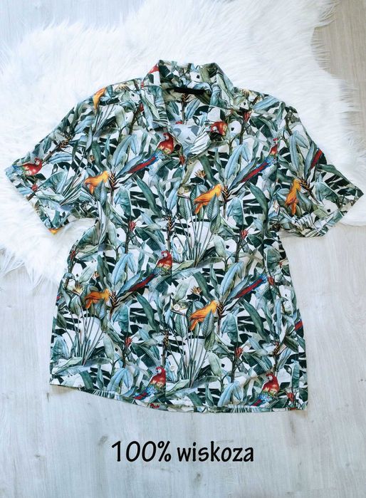 koszula, rozm. M, vintage, jungla, ptaki, papugi, kolorowa, liście