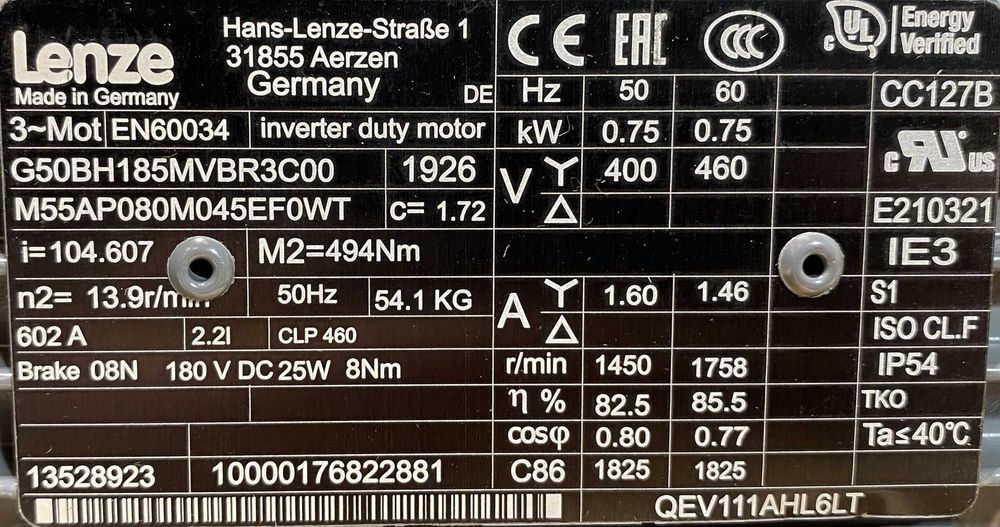 motoreduktor / przekładnia 0,75kW 13,9obr. 3fazowy HAMULEC Lenze