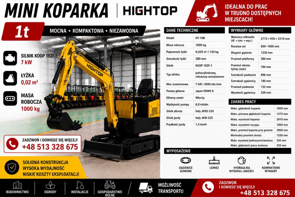 Mini koparka 1t Hightop gąsiennicowa dostawa jutro posiadam tez inne koparki 0.6t 0,8t 1.6t 1.8t 2t 2.5t itd cena na export w kraju +23% vat gwarancja