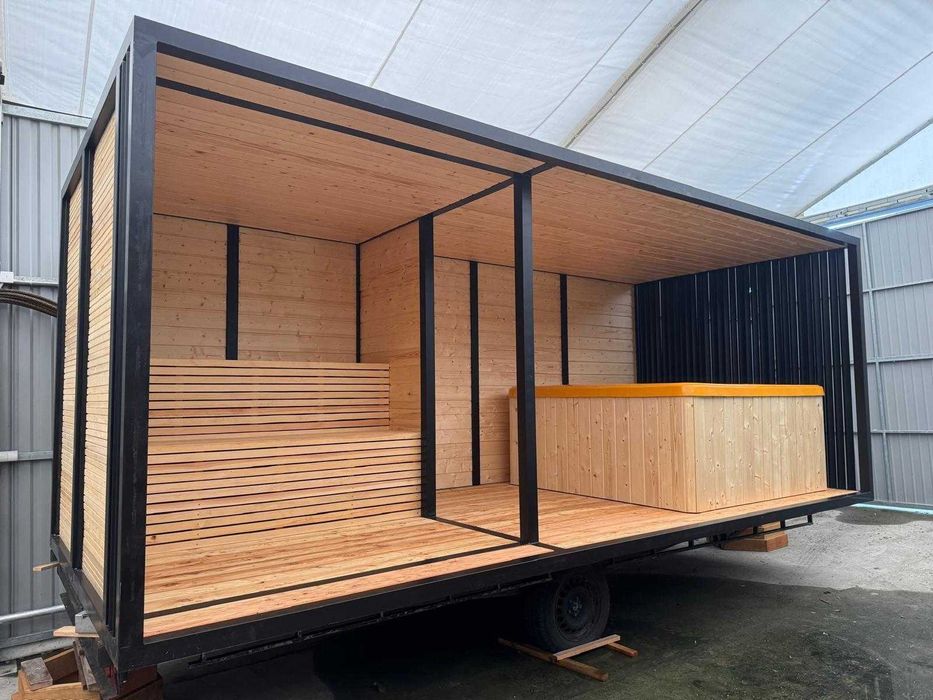Sauna jacuzzi piec na drewno zestaw wellnes SPA taras balia domek