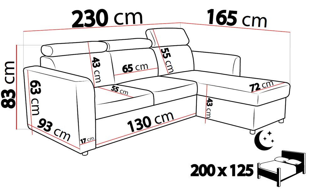 Narożnik POCKET 230x165 - funkcja spania, pojemnik, ruchome zagłówki