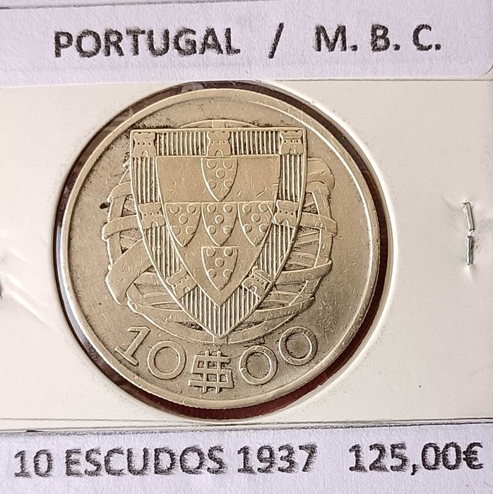 Moeda 10 Escudos 1937 da 2ª República Portuguesa  Emissão Anual Prata