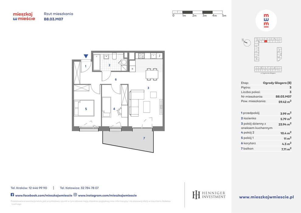 3-pokojowe mieszkanie 59m2 + balkon