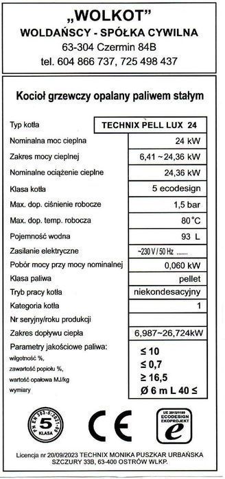 Kocioł piec 24kW pellet 5klasa WOLKOT dotacja kotły Technix