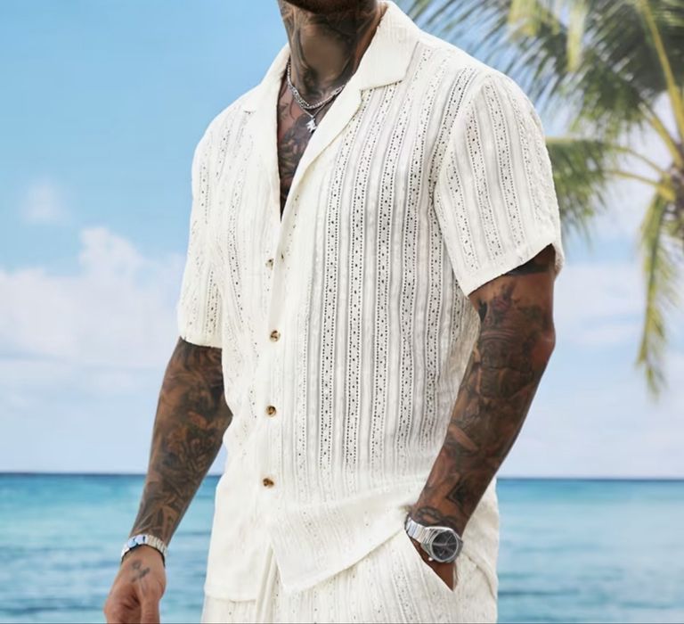 л р ажурна Сорочка літня на короткий рукав світла  Молочний чоловіча