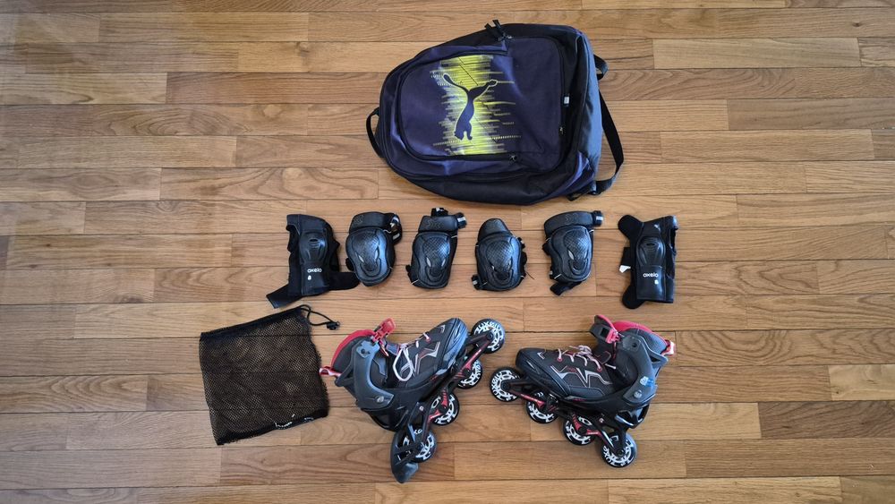 Patins + proteções + mochila