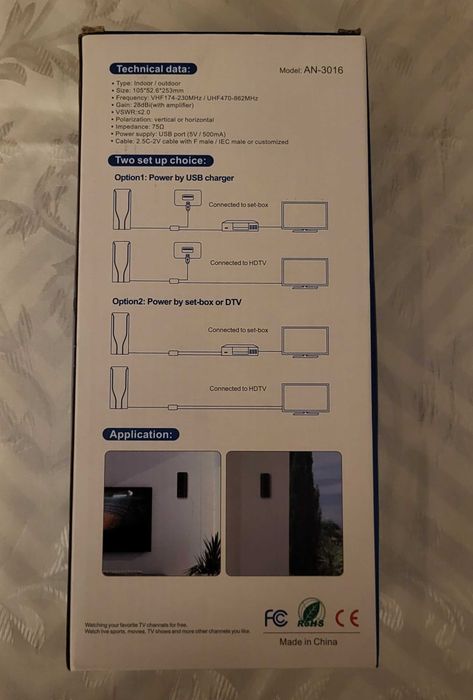 Antena TV DVB-T2 wewnętrzna / zewnętrzna z wzmacniaczem 28 dBi USB