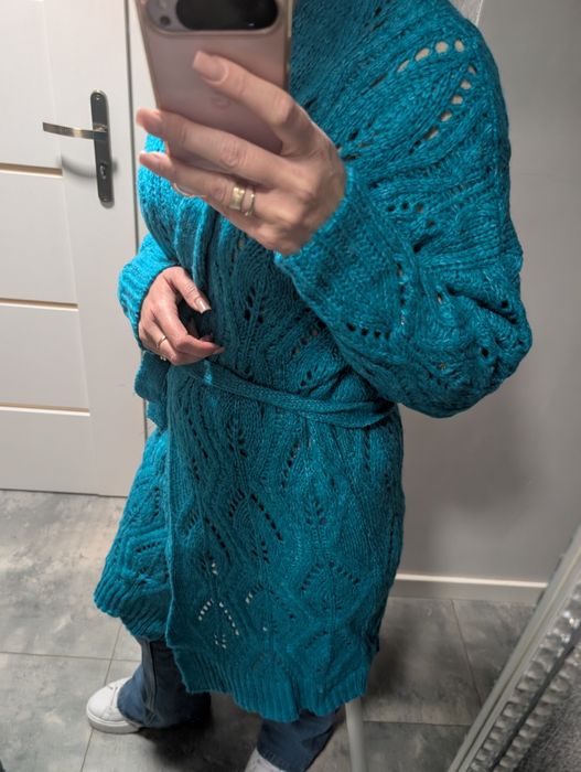 KARDIGAN sweterek narzuta MORSKI turkus NOWY