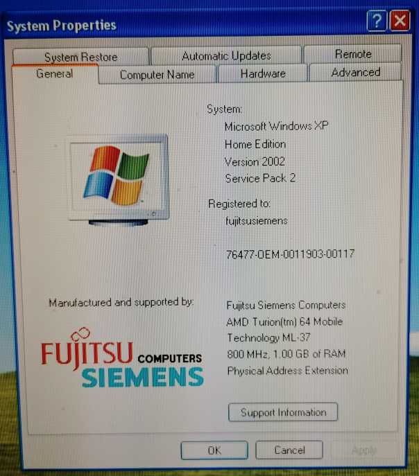 Laptop Fujitsu-Siemens Amilo A3667G Windows XP retro granie sterowniki