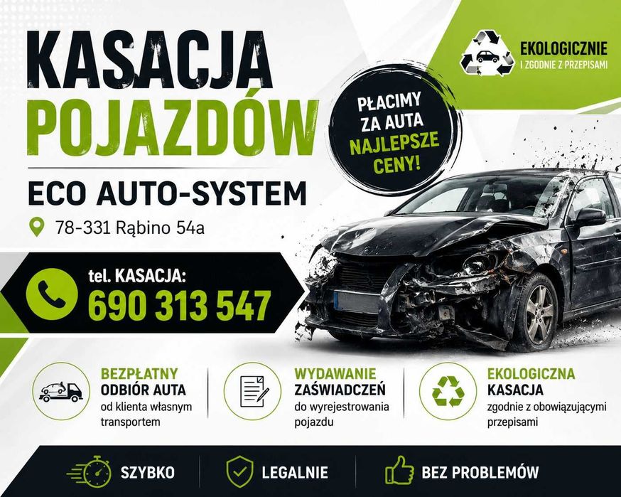 • KASACJA POJAZDÓW • Złomowanie • Gotówka od ręki + Laweta Gratis! KOŁOBRZEG GOŚCINO