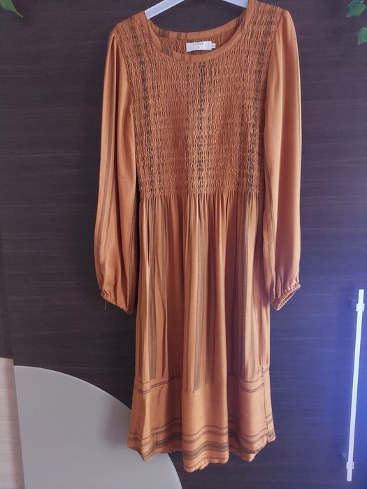 Miodowa sukienka midi boho Cream M 38 w paski marszczona gumki bufki