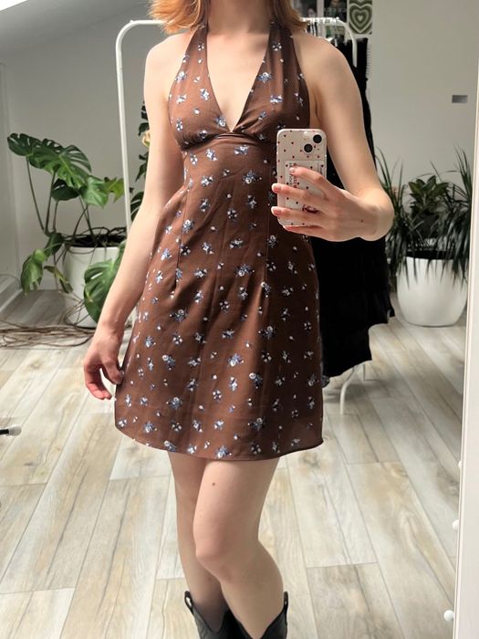 brązowa sukienka z wiązaniem na szyi cute coquette XS