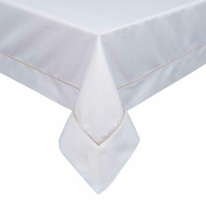 Obrus 85x85 bieżnik biały złota lamówka w pudełku