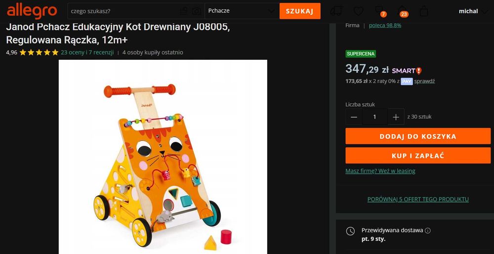 Pchacz Edukacyjny Janod Kot, Stan Idealny + Pudełko oryginał