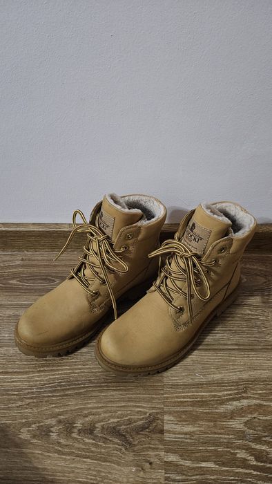 Buty skórzane trapery zimowe Lasocki musztardowe skórzane