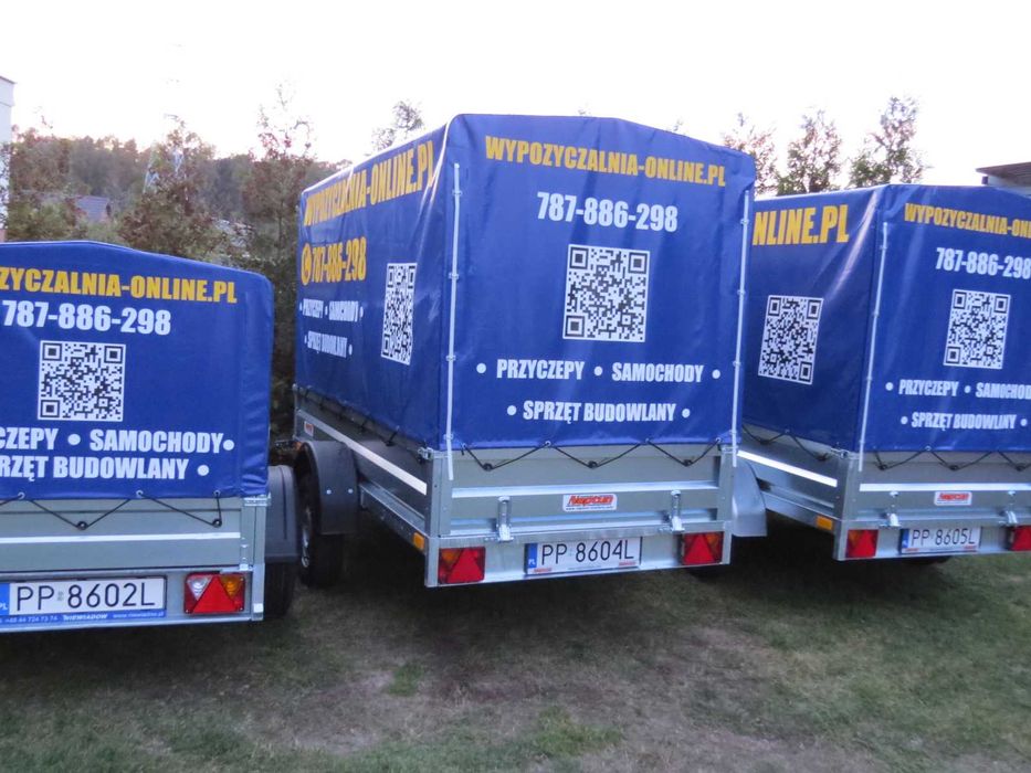 WYPOŻYCZALNIA wynajem wypożycz PRZYCZEPA przyczepka z plandeką towarow