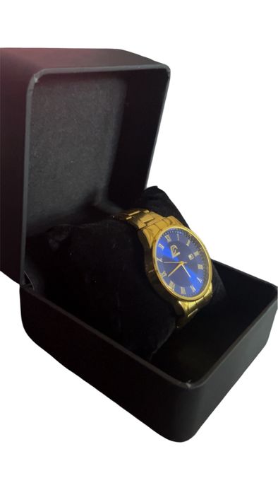 Zegarek męski - elegancki złoty z niebieską tarczą