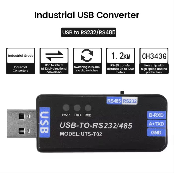 Адаптер USB-to-RS485/RS232 CH343G, двонаправлений, конвертер для Arduino, BMS, промислових контролерів