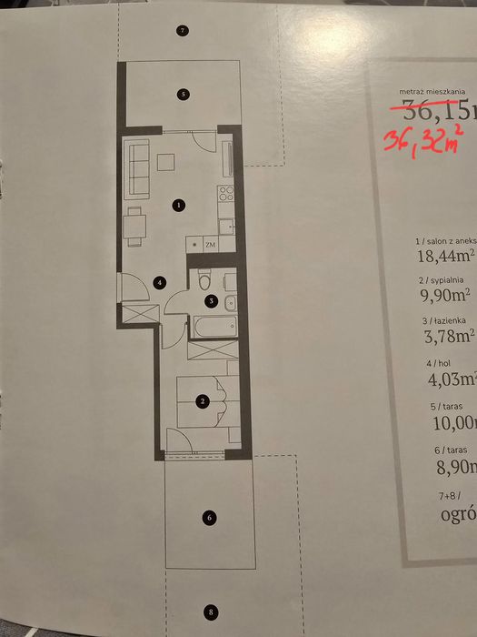 Apartament 36,32m², 2 ogródki, 2 tarasy, miejsce parkingowe zewnętrzn
