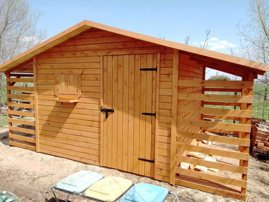 Domek narzędziowy, ogrodowy wymiary 3x3 z podwójną drewutnią 1m