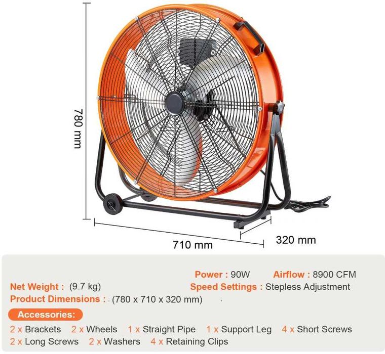 Ventilador de Tambor, Ventilador de Chão, Ventilador Industrial de Chão Inclinável para Armazém, Oficina, Fábrica