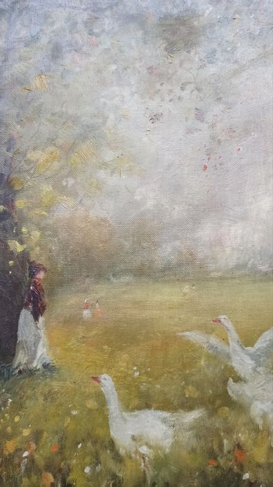 Obraz olejny na płótnie – MARCILLO (OLOT) – scena figuralna, sygnowany