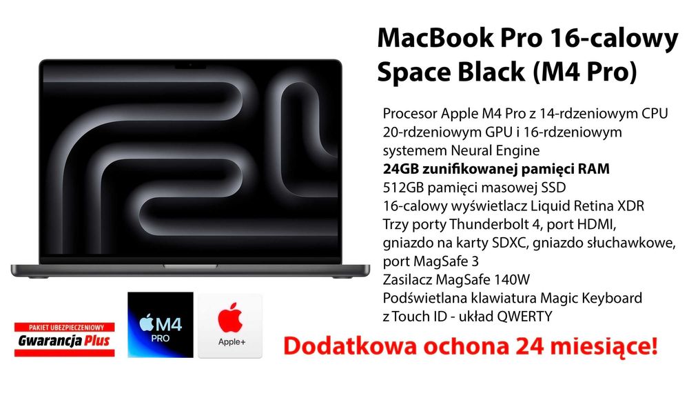 NOWY Apple MacBook Pro 16 M4 PRO 24GB RAM 512GB +DODATKI GW-2LATA! FV