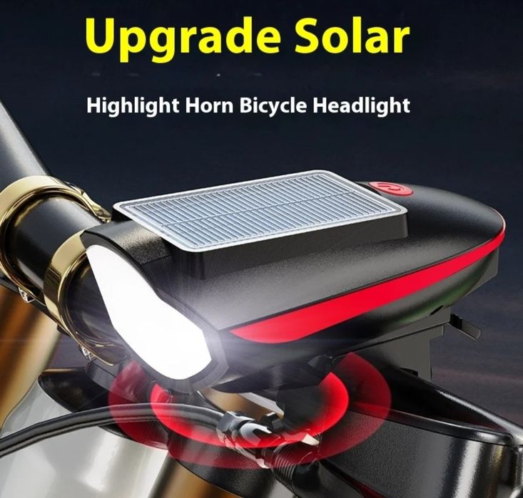 Вело фонарь с сигналом, заряд от Usb + от солнца