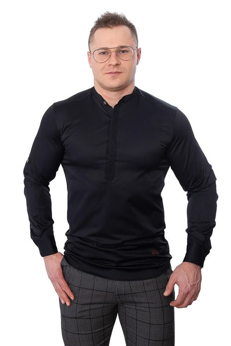 Koszula czarna meska slim fit ze stojka kryte guziki Stylovy 105 - S