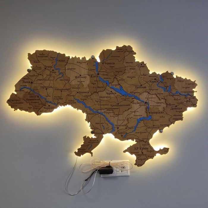 Мапа України з дерева з підсвіткою річок карта Украины с подсветкой