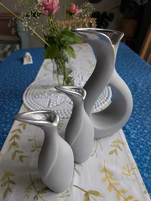 Komplet 3 designerskich wazonów ceramicznych srebrno-szarych