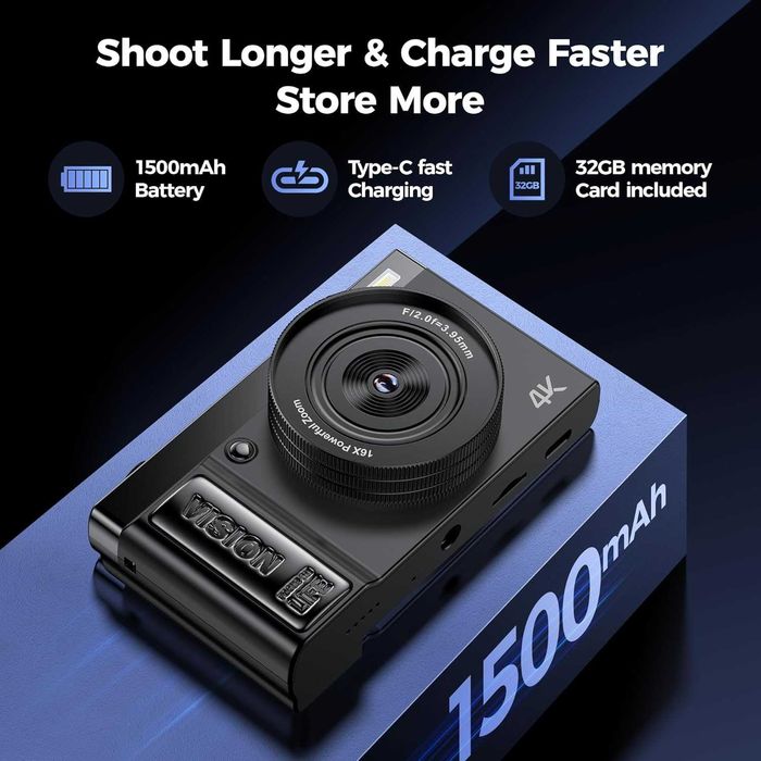 Aparat cyfrowy 4K vlogowania streeming 64MP 16x zoom ekran 180° + 32GB SD