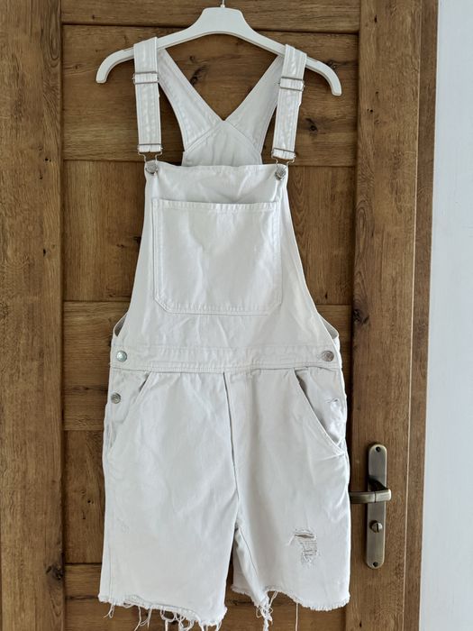 Spodenki jeansowe męskie S  białe ogrodniczki  bawełna z kieszeniami