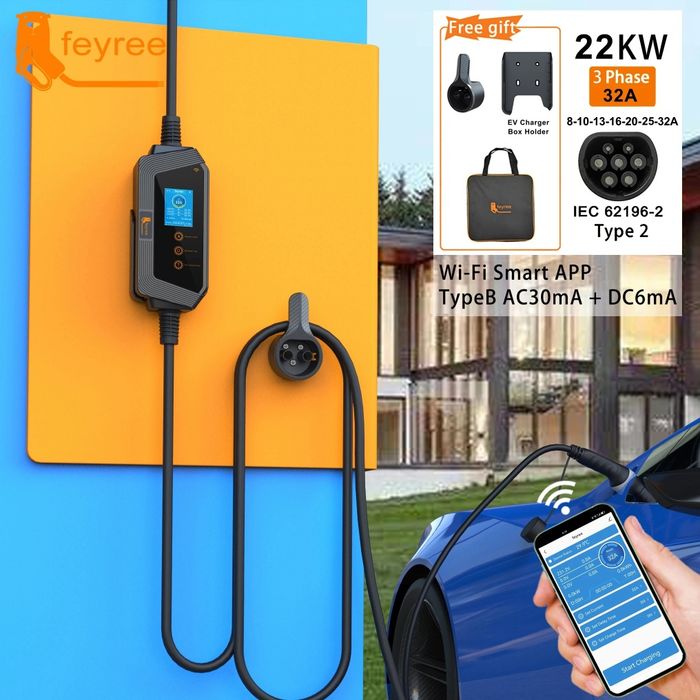 Зарядний пристрій Feyree 22 кВт 32А 3 фази wallbox Type 2 Wi-Fi APP IP66 CEE 32A 5м для електромобілів Tesla Nissan VW Hyundai Kia