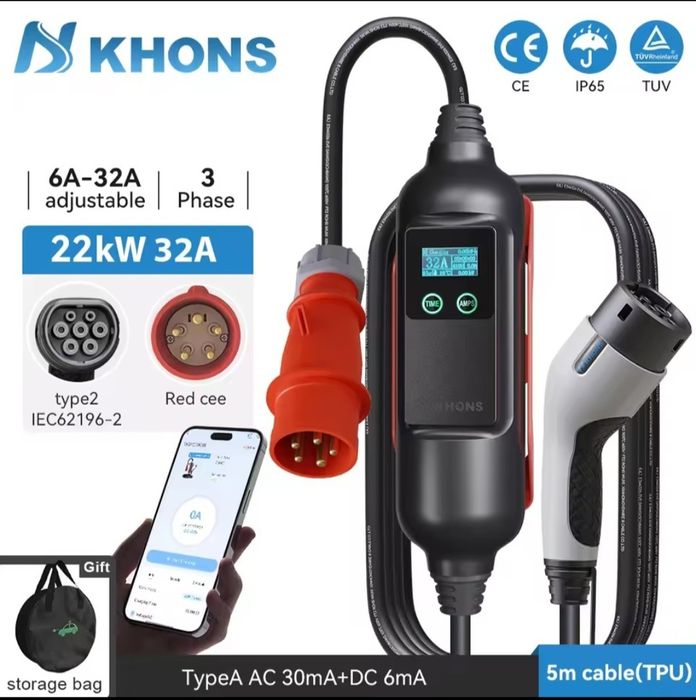 Nowa ładowarka samochodów elektrycznych marki Khons EVSE typ 2, 22KW, 3 fazy, Wifi, APP