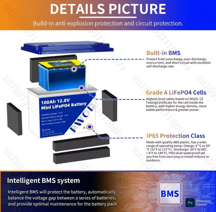 Акумулятор  LiFePO4 12V/100AH,100A(1280W*h), Smart BMS,Bluetooth