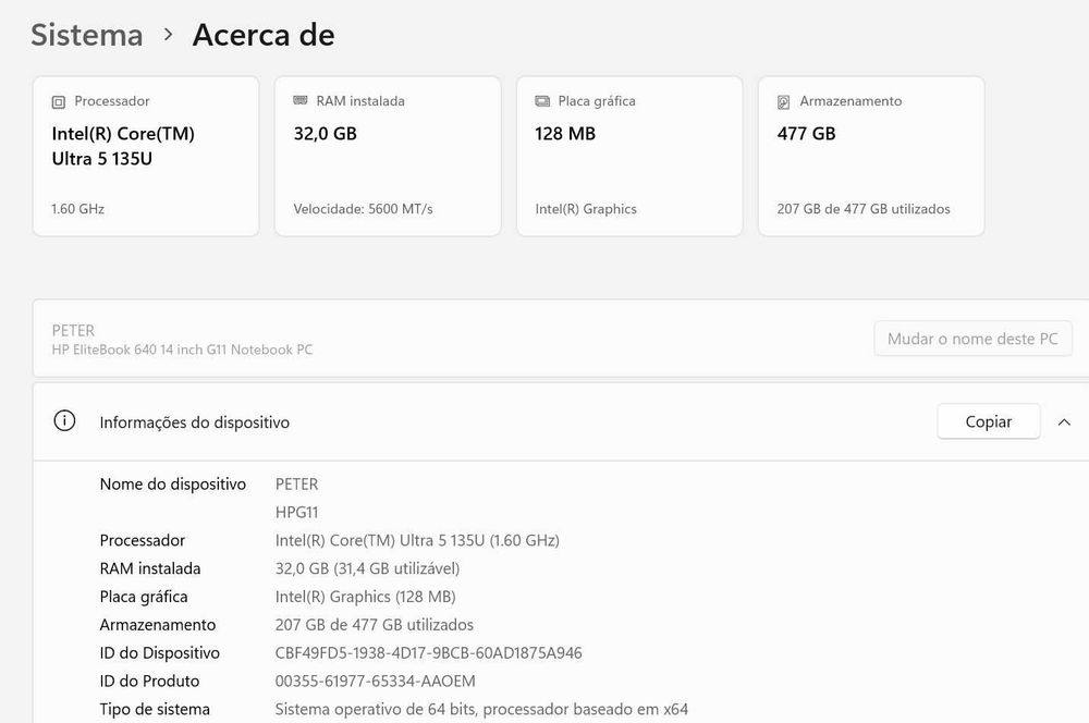 HP EliteBook 640 32Gb ddr5 e 512Gb ssd, 14", em ótimo estado bateria com mais de 3h de autonomia, intel core Ultra 5
