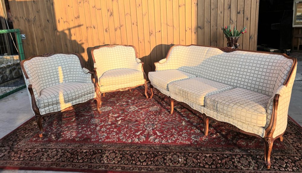 Wypoczynek Ludwik jasny w kratkę sofa + 2 fotele #1665 Stylowy Węgrów