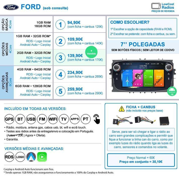 NOVOS: Auto Rádio GPS FORD • ANDROID 15 • BT • USB • WIFI Focus Mondeo