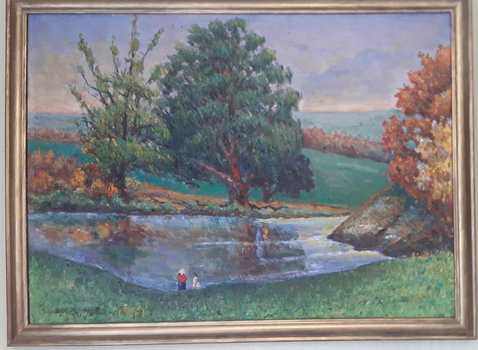 Картина в раме маслом, пейзаж У озера,  80*60