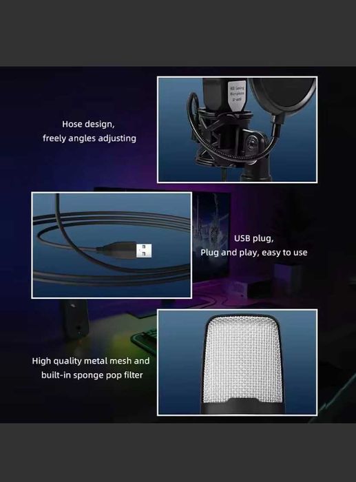 Microfone Condensador USB RGB para Gaming / Podcast + Kit Completo