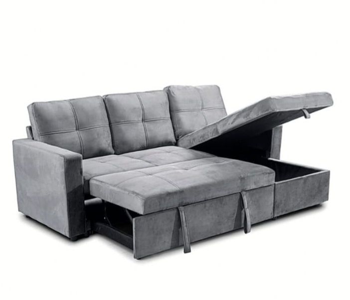 Sofá cama cinza com chaise long