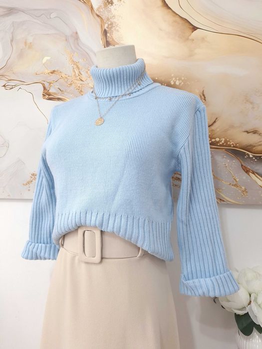 Damski Jasny Niebieski Błękitny Baby Blue Sweter Golf S