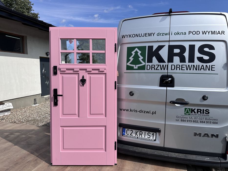 Drzwi zewnętrzne drewniane Różowe Amerykańskie Montaż Polska SCHLAGE