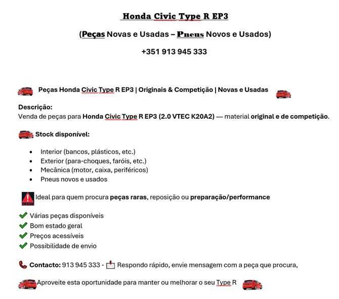 Honda Civic Type R EP3  (Peças Novas e Usadas – Pneus Novos e Usados)
