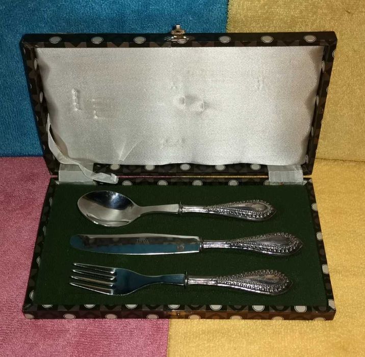 Conjunto infantil faca, garfo/ colher prata/aço inoxidável